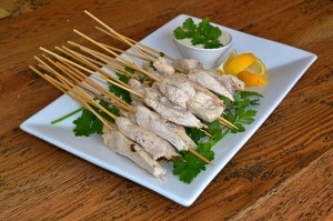 poached chicken skewers with lemon and dill aioli