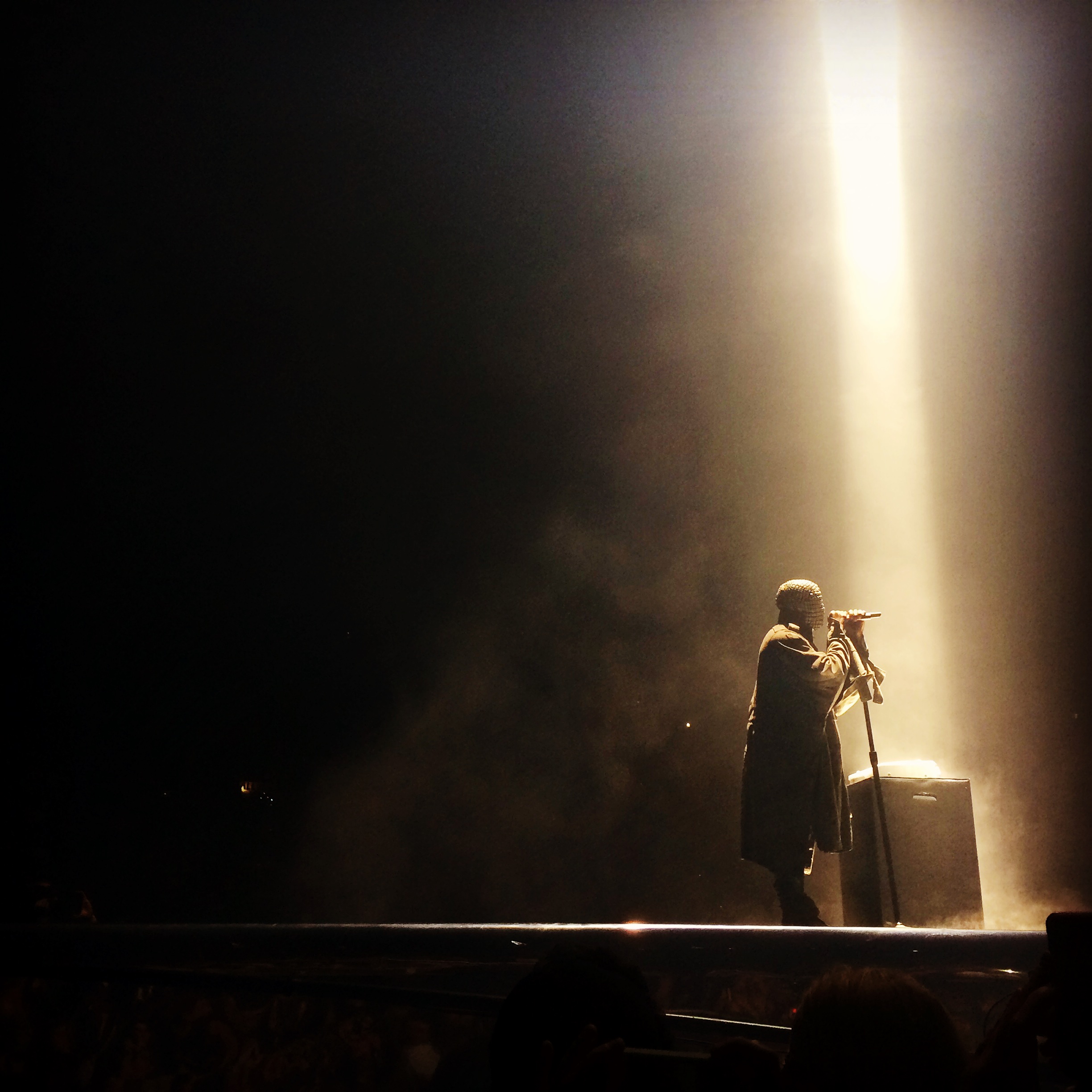 A masked Kanye West performing Runaway at Rod Laver Arena. Credit: Patrick Sexton