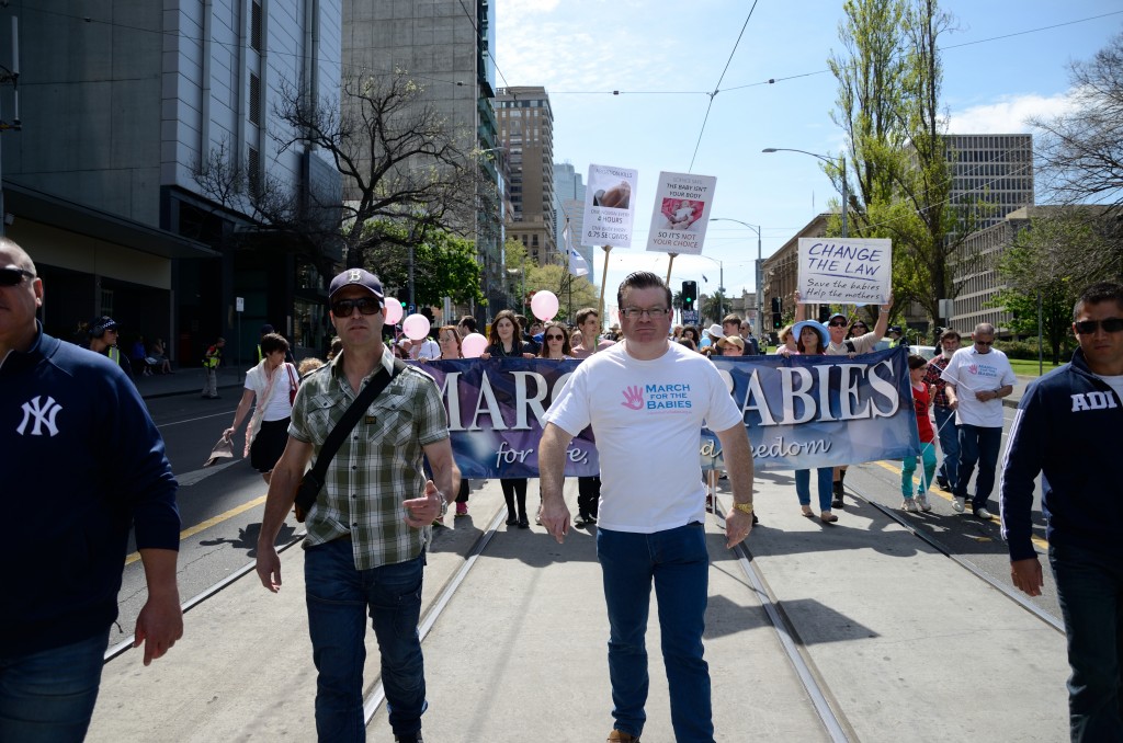 Liberal MP Bernie Finn leads an anti-abortion rally in October 2014. Photo - Finbar O'Mallon