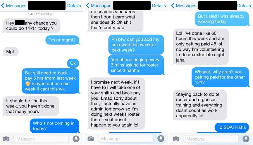 A series of text messages between a former KFC worker and her manager in 2014