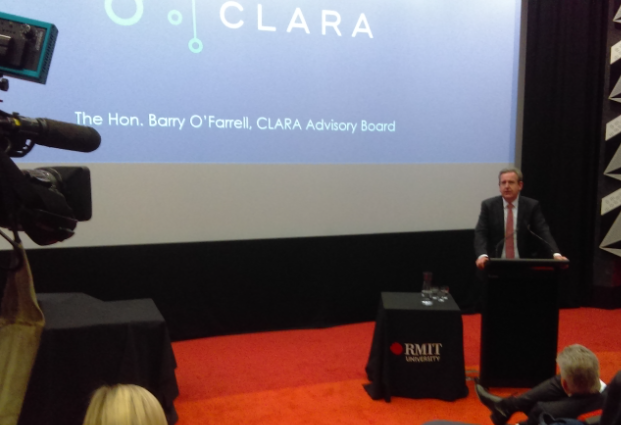 Former NSW Premier Barry O’Farrell addresses a crowd of television cameras at the RMIT Cinema on Thursday