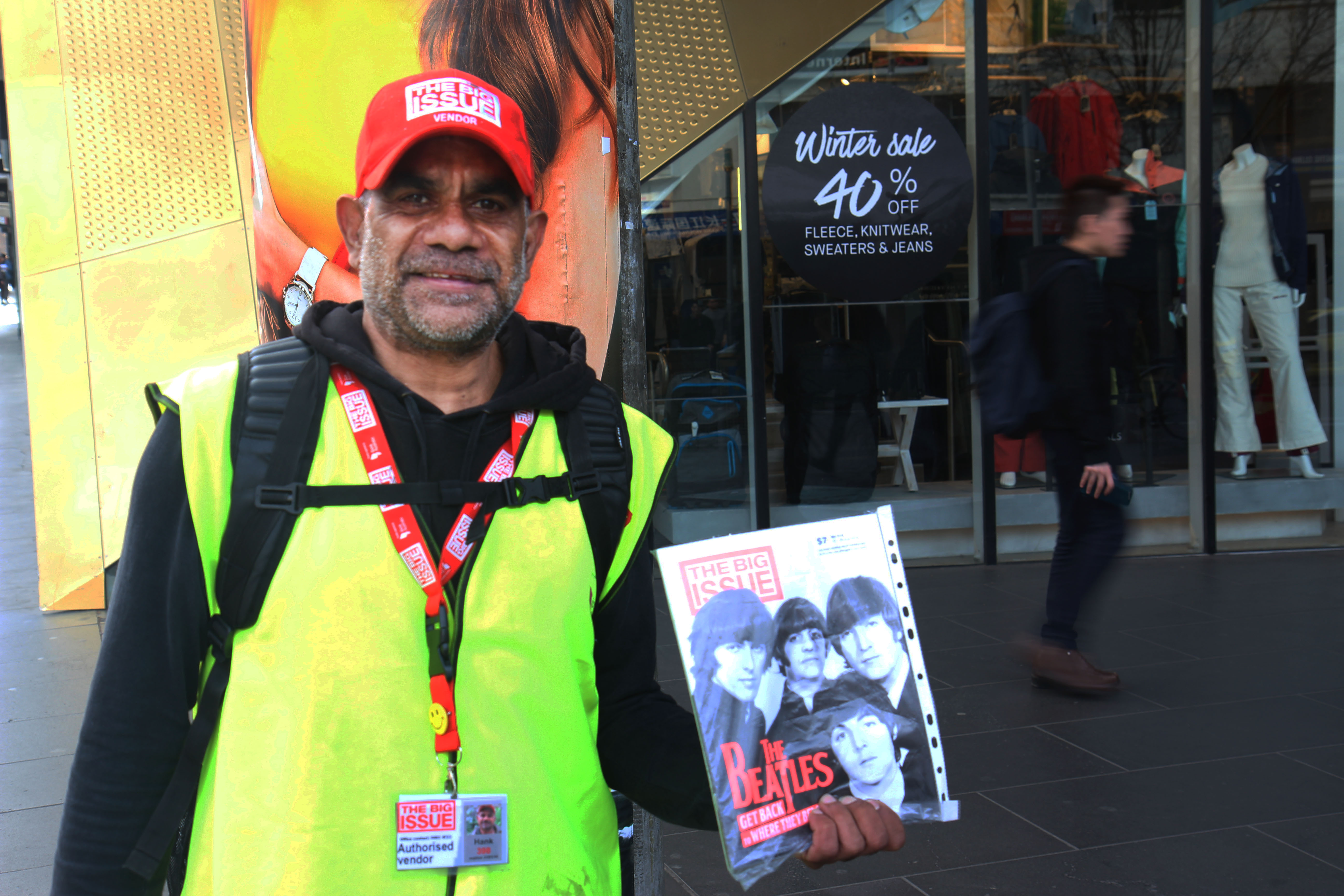Hank selling the Big Issue’s No 518 on the corner of Lonsdale and Swanston Streets. 
