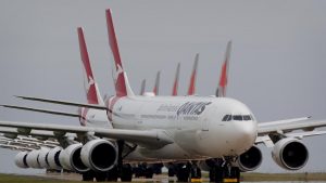 Qantas jets parked on Melbourne Airport runway