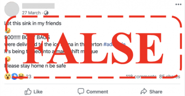 Screenshot of a Facebook post of misleading coronavirus information, claiming that body bags were sent to an Adelaide ice skating rink. A large "false" stamp is printed over the top of the screenshot.
