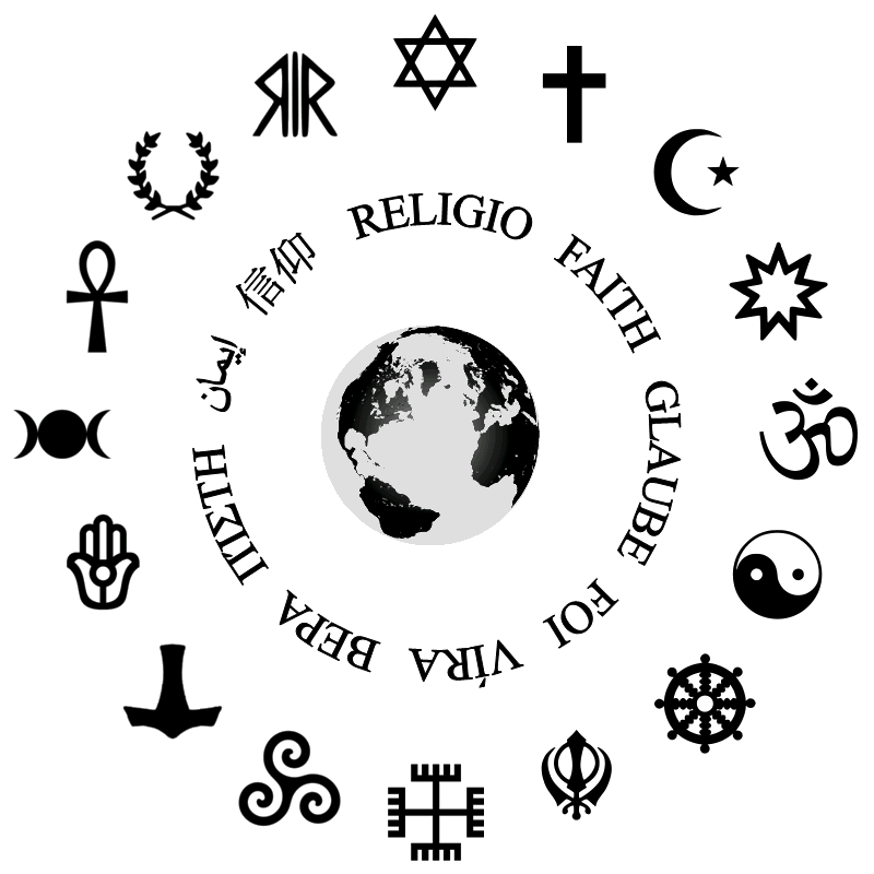 Symbols of the world's major faiths, with 'faith' written in various languages.