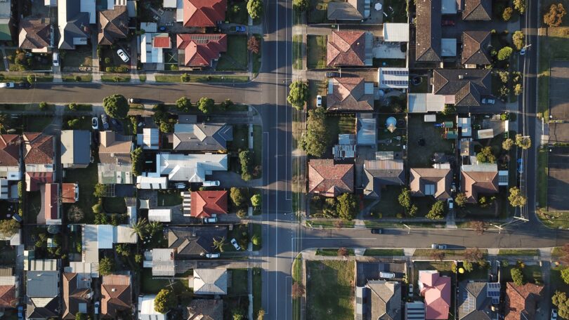 Drone photograph showing afternoon shadows casting over Melbourne streets. Food insecurity has a stigma of only impacting people ‘on our streets’ however, Matt Tilley of Foodbank says those affected actually live “in our streets”. (IMAGE: TOM RUMBLE)