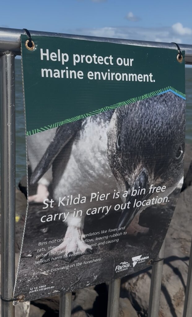 'Bin free' sign at St Kilda Pier